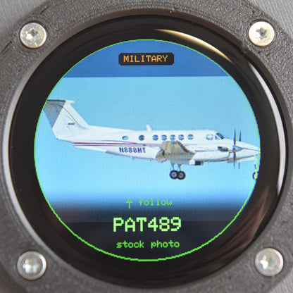 Close-up of the Blipscope screen showing full aircraft data - type, operator, registration, distance and altitude - for a military contact